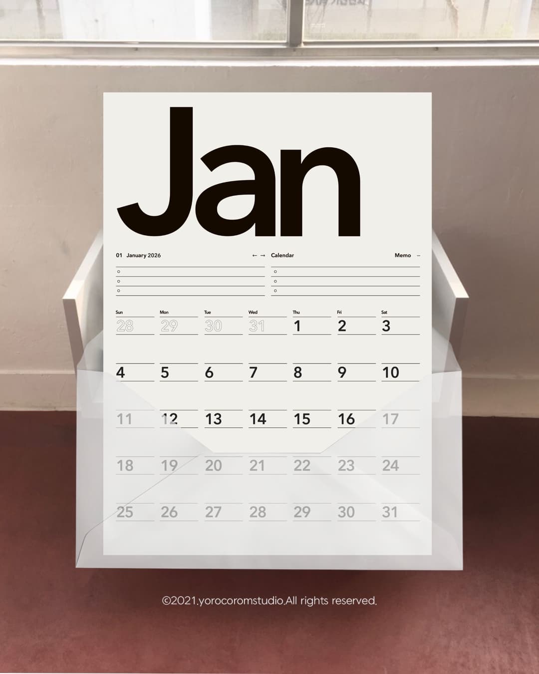 2026 모던달력 모노톤 심플 미니멀인테리어 낱장달력 Minimalist
