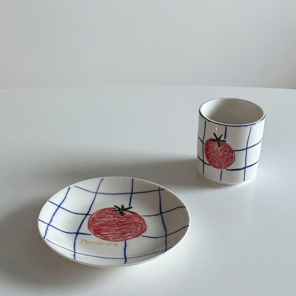 [G.pottery] tomato check plate&mug
